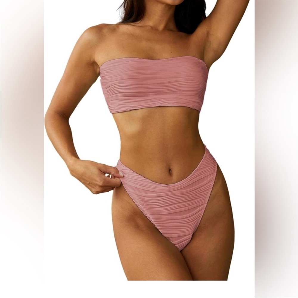 Zaful Blush Pink Bandeau Ribbed Strappy Bikini Top